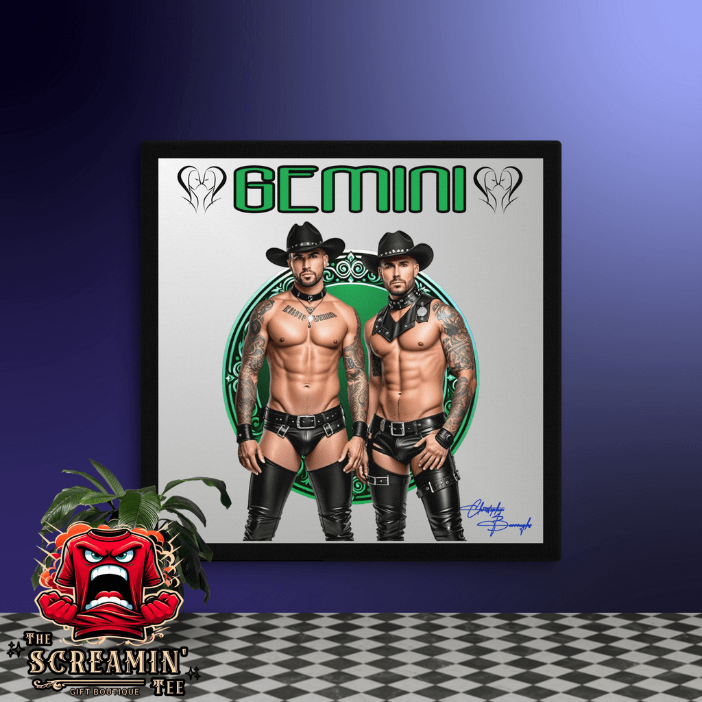 Haus Of Zodiac Canvas Art | Leathermen Fin & Cade (Gemini) - vibrant canvas print featuring two models with cowboy hats