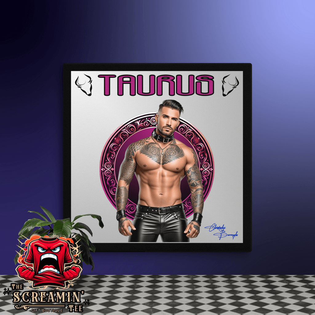 Haus Of Zodiac Canvas Art | Leatherman Bronson (Taurus) featuring a muscular figure in leather attire.