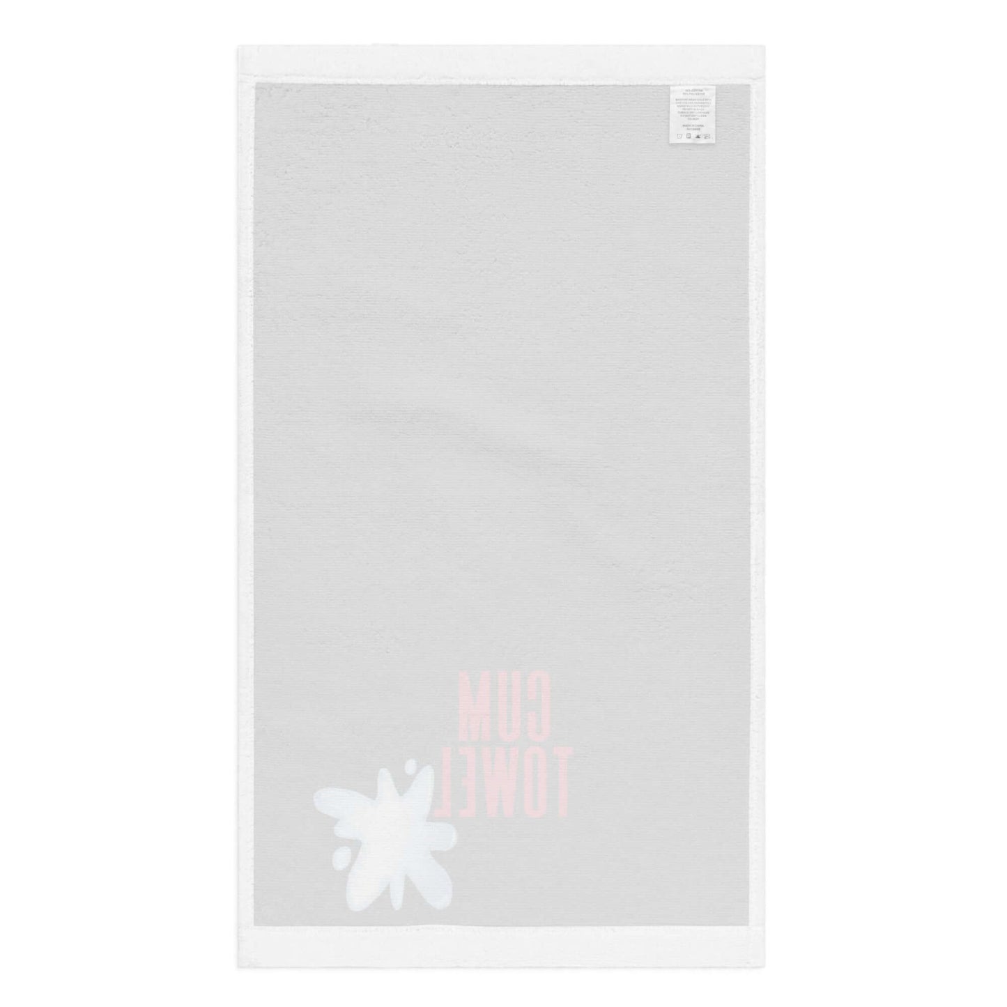Cum Hand Towel | Ruby on Black design featuring a soft gray background and vibrant front details.