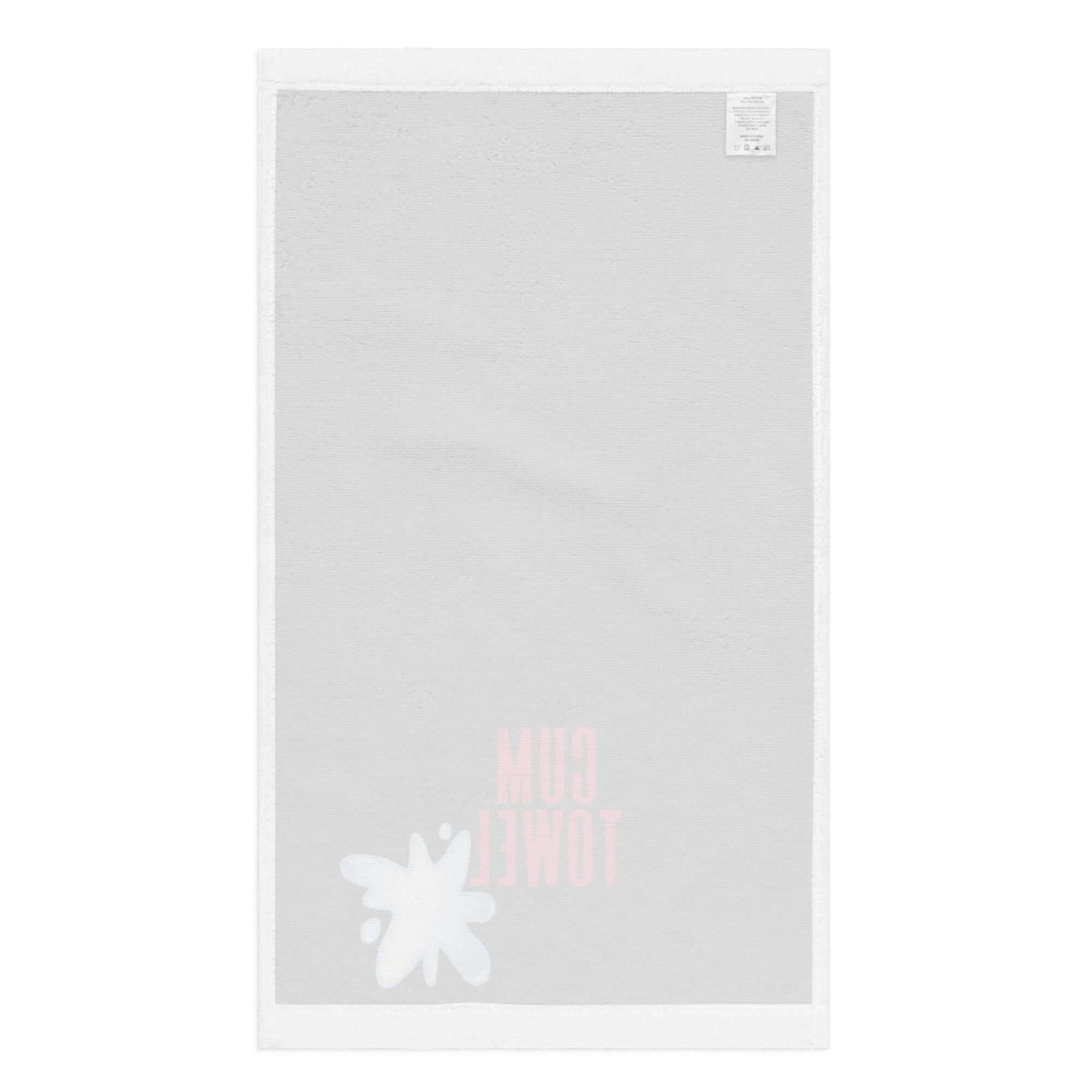 Cum Hand Towel | Ruby on Black design featuring a soft gray background and vibrant front details.
