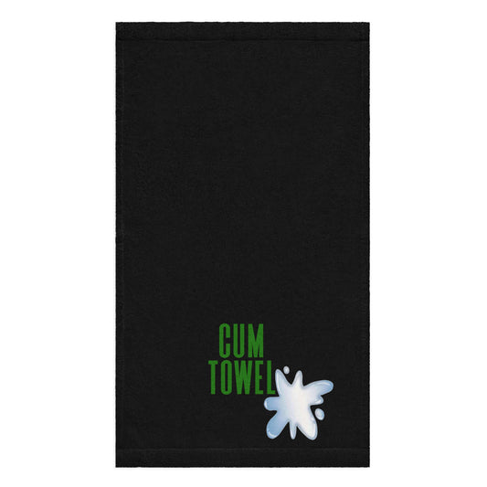 Cum Hand Towel | Emerald on Black, soft cotton towel with vibrant graphic detail on a black background.