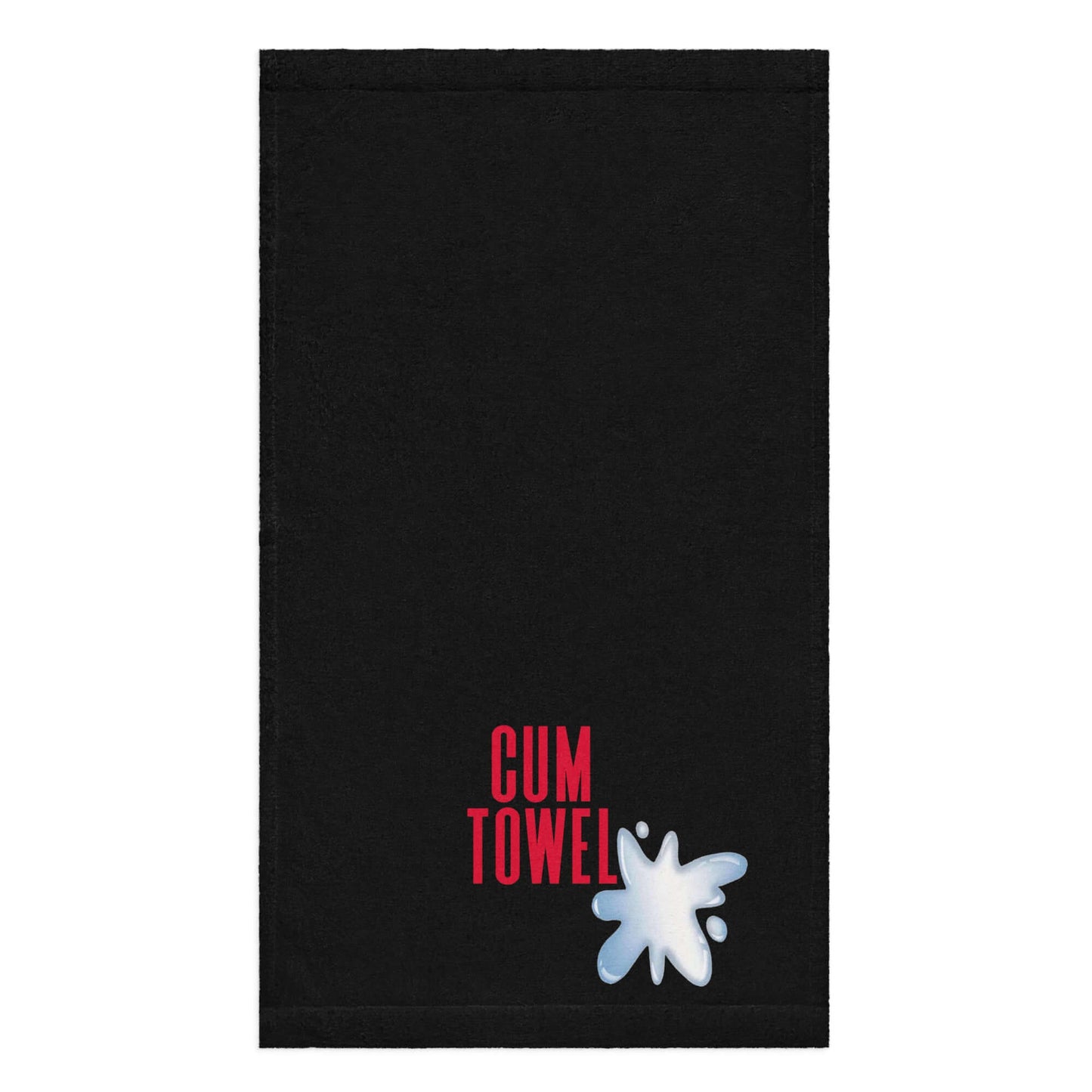 Cum Hand Towel | Ruby on Black with vibrant red lettering and white splash design on a black background.