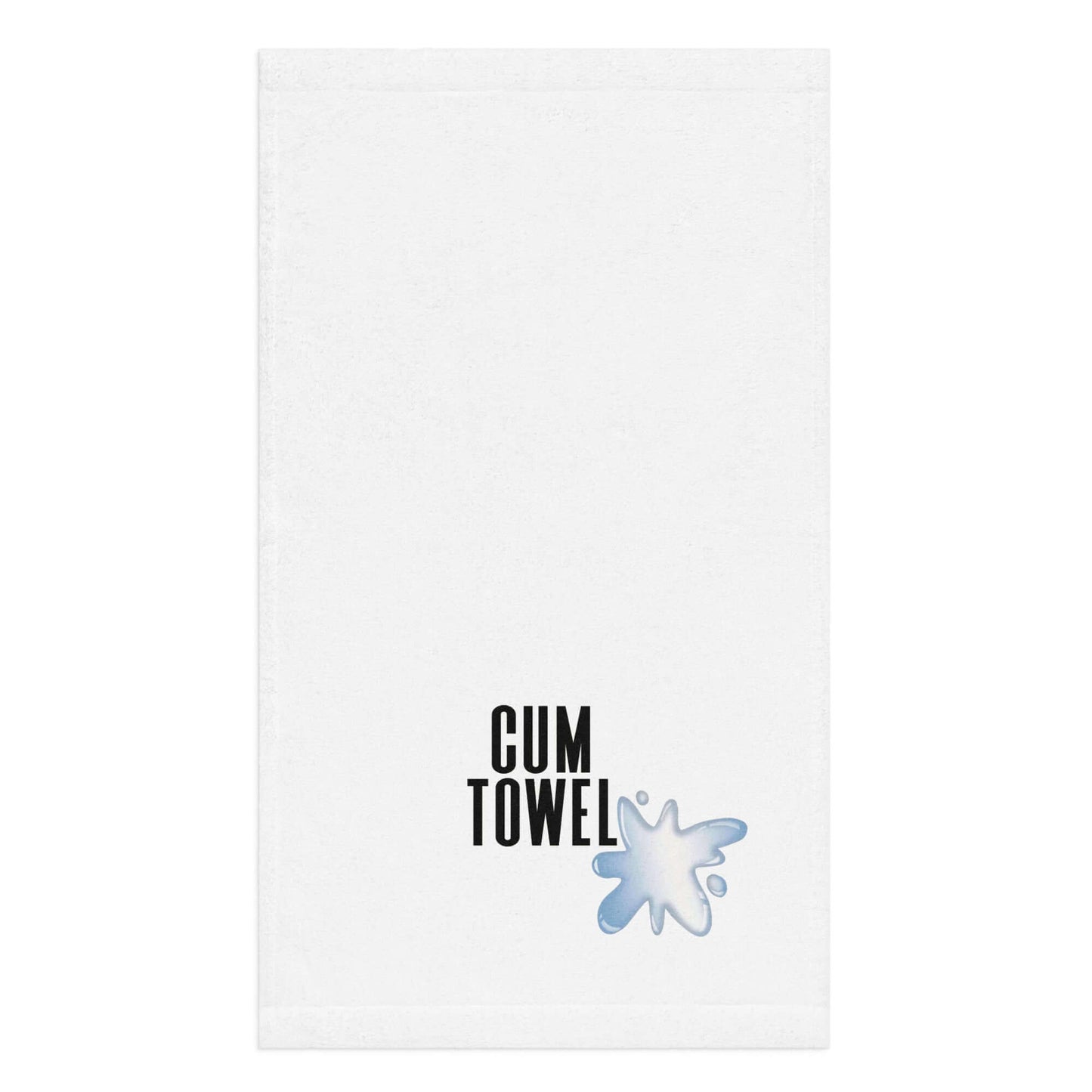 Cum Hand Towel | Black on White featuring a white background with black text and splash design.