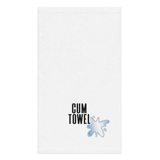 Cum Hand Towel | Black on White featuring a white background with black text and splash design.