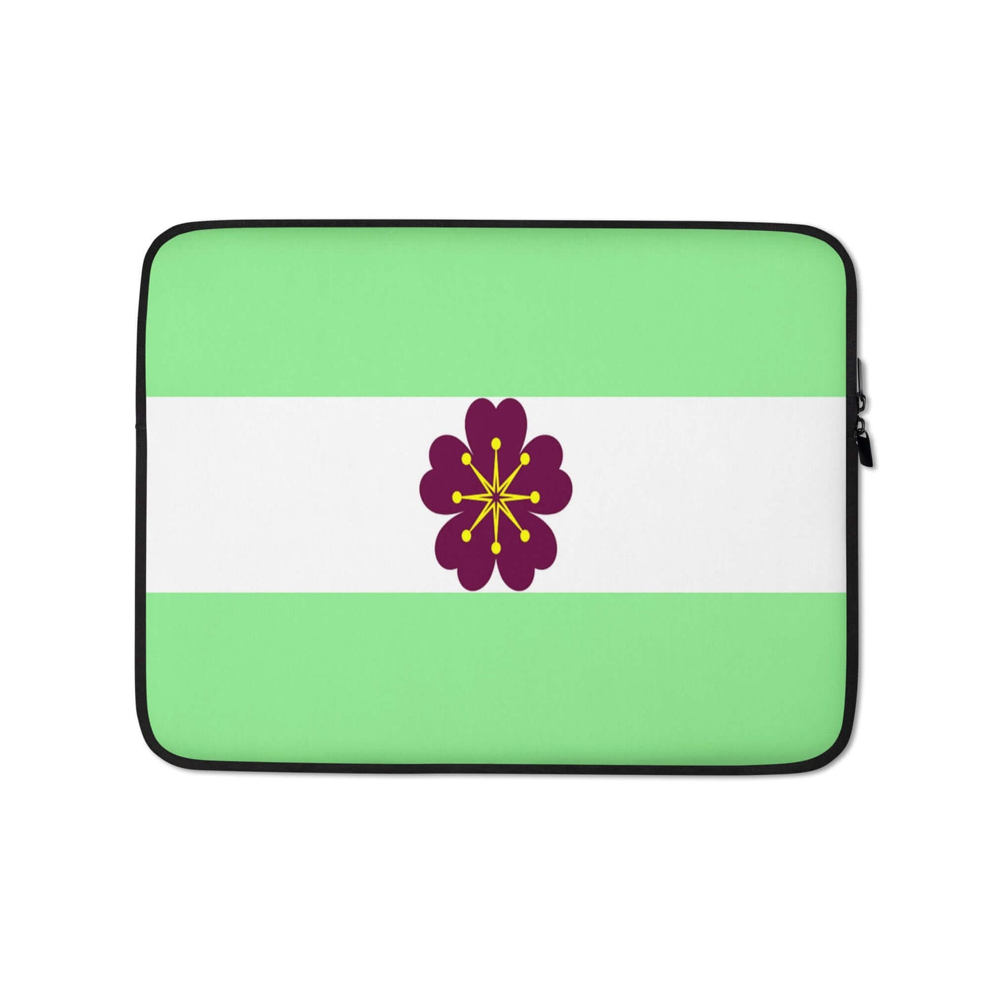 Diamoric Pride Laptop Sleeve featuring a mint green background with a flower design on a white stripe.