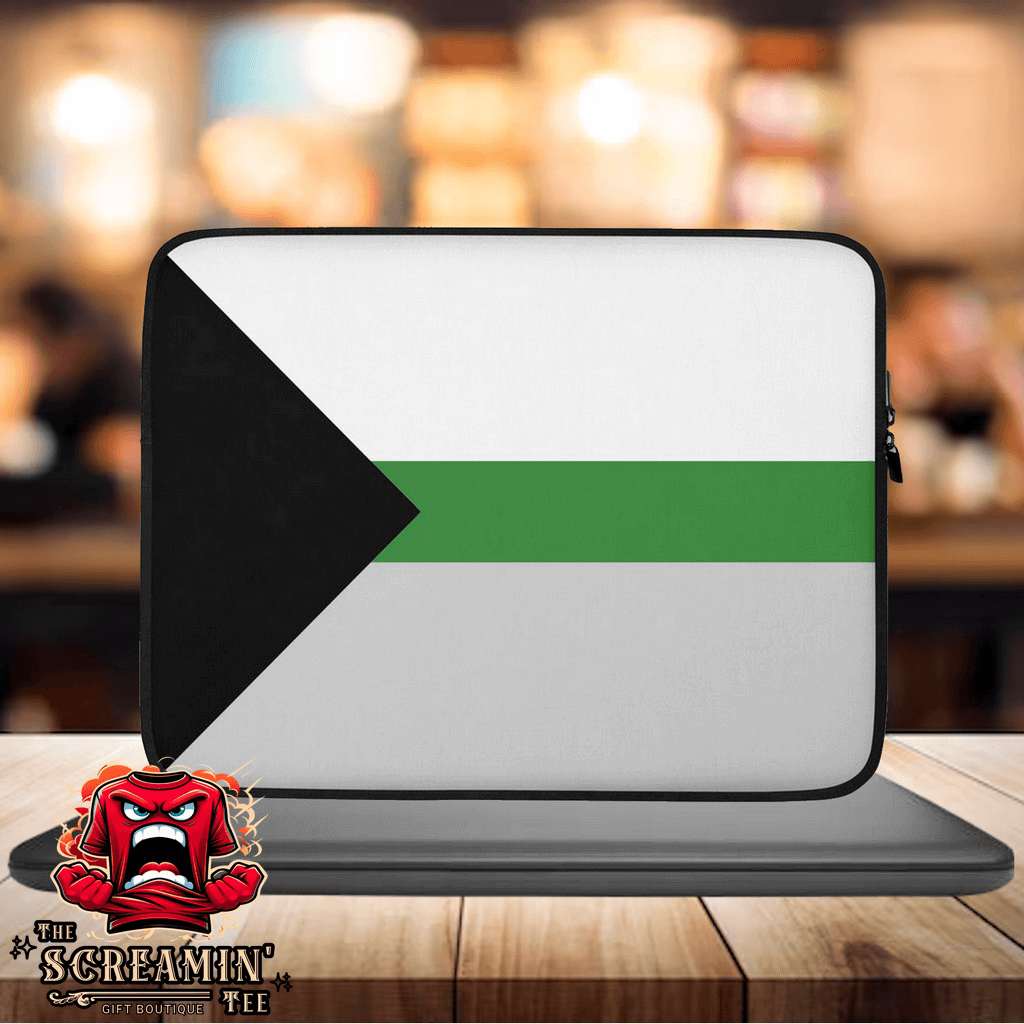 Demiromantic Pride Laptop Sleeve featuring a black and green design on a sleek white background.