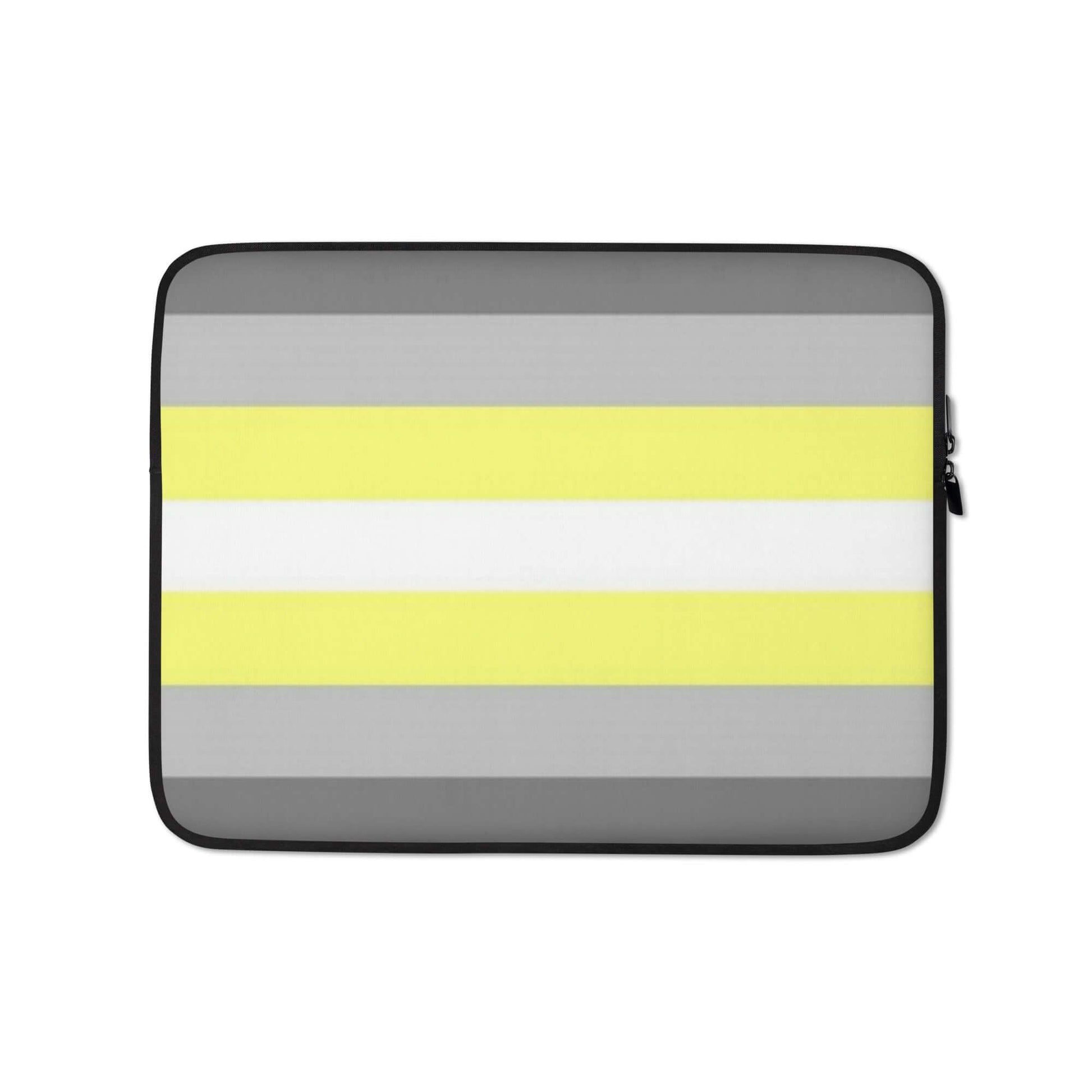 Demigender Pride Laptop Sleeve featuring grey, yellow, and white striped design with padded protection.