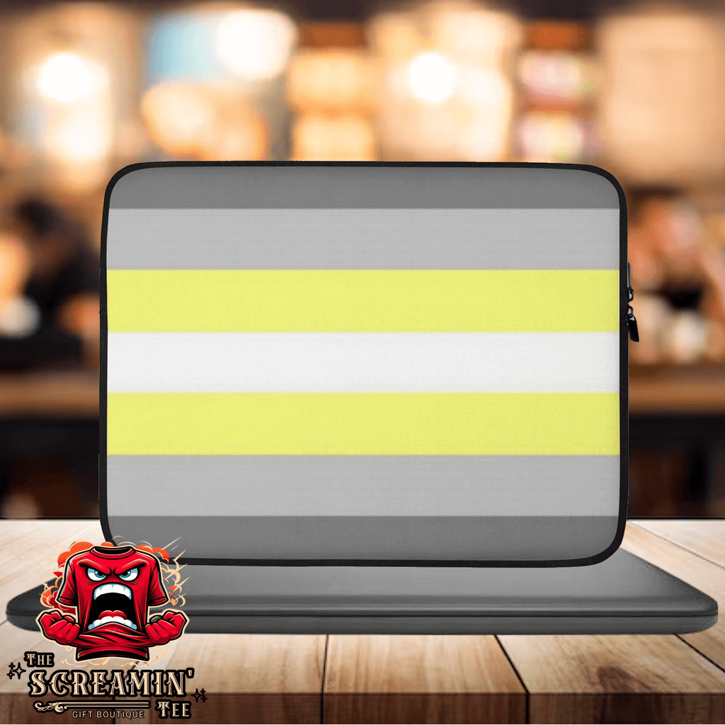 Demigender Pride Laptop Sleeve featuring a grey and yellow striped design, perfect for stylish laptop protection.