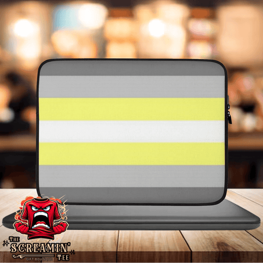 Demigender Pride Laptop Sleeve featuring a grey and yellow striped design, perfect for stylish laptop protection.