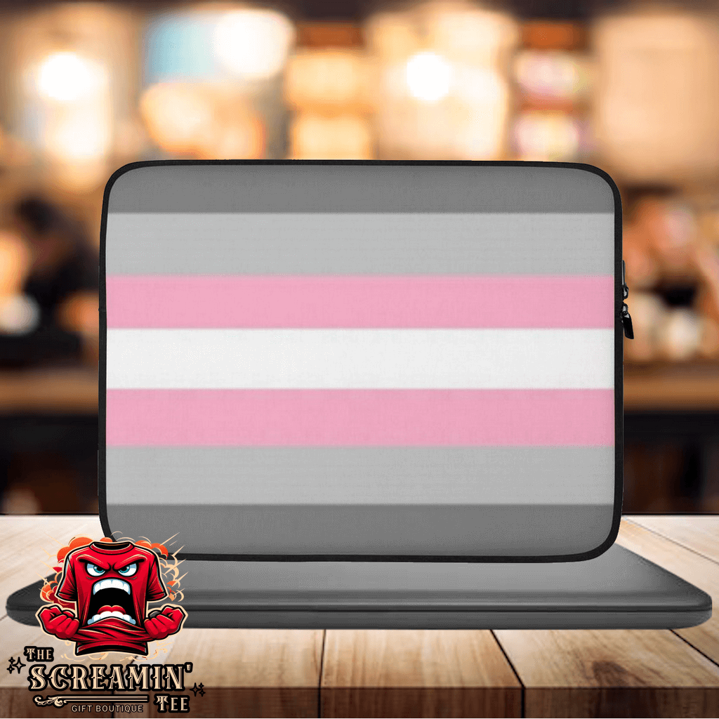 Demigender Demigirls Pride Laptop Sleeve with pink and gray stripes on display.