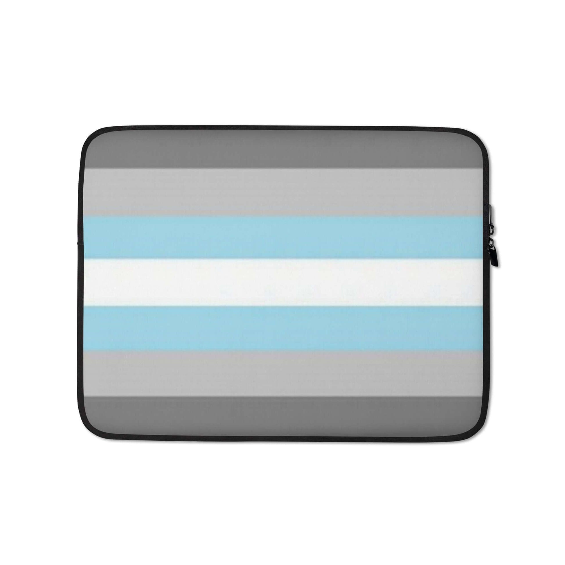 Demigender Demiboys Pride Laptop Sleeve featuring a striped design in gray, white, and light blue colors.