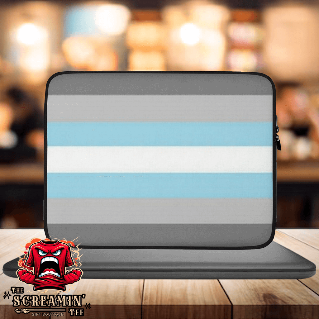 Demigender Demiboys Pride Laptop Sleeve with gray and blue stripes, snug fit for laptop protection and style.