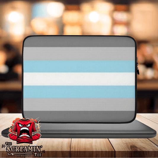 Demigender Demiboys Pride Laptop Sleeve with gray and blue stripes, snug fit for laptop protection and style.
