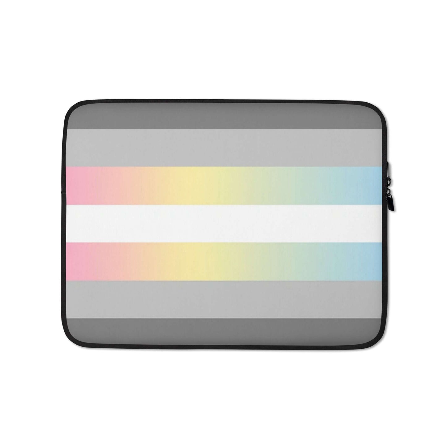 Demifluid Pride Laptop Sleeve with colorful striped design in gray, pink, and pastel tones for stylish laptop protection.