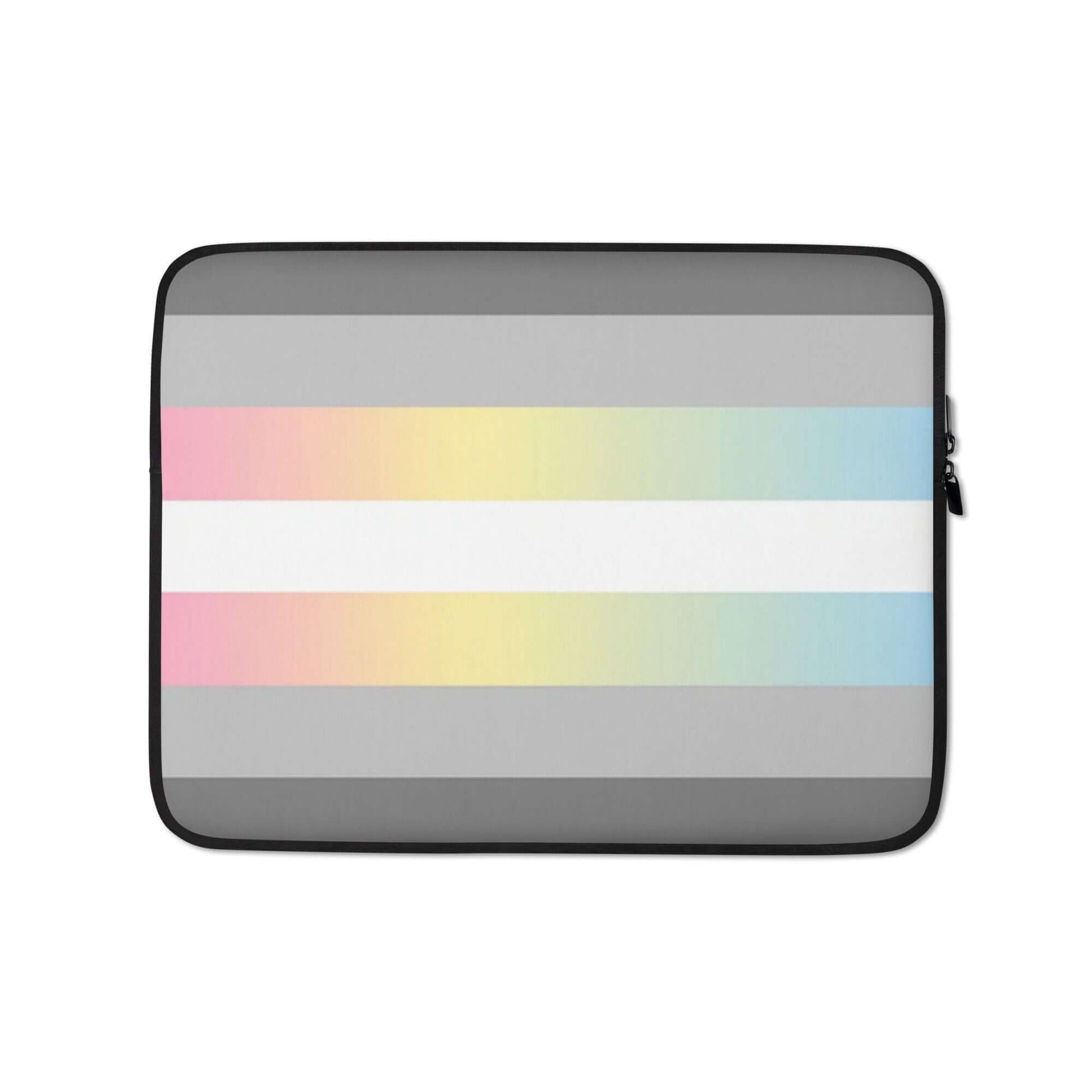 Demifluid Pride Laptop Sleeve with colorful striped design in gray, pink, and pastel tones for stylish laptop protection.