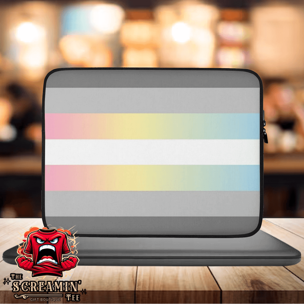 Demifluid Pride Laptop Sleeve featuring a colorful design on a gray background, perfect for stylish laptop protection.