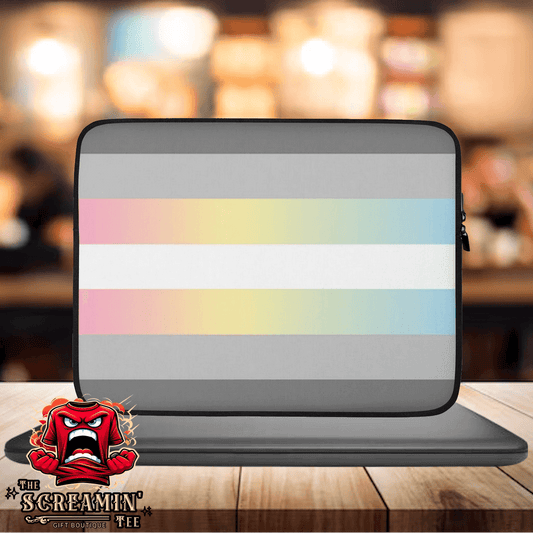 Demifluid Pride Laptop Sleeve featuring a colorful design on a gray background, perfect for stylish laptop protection.
