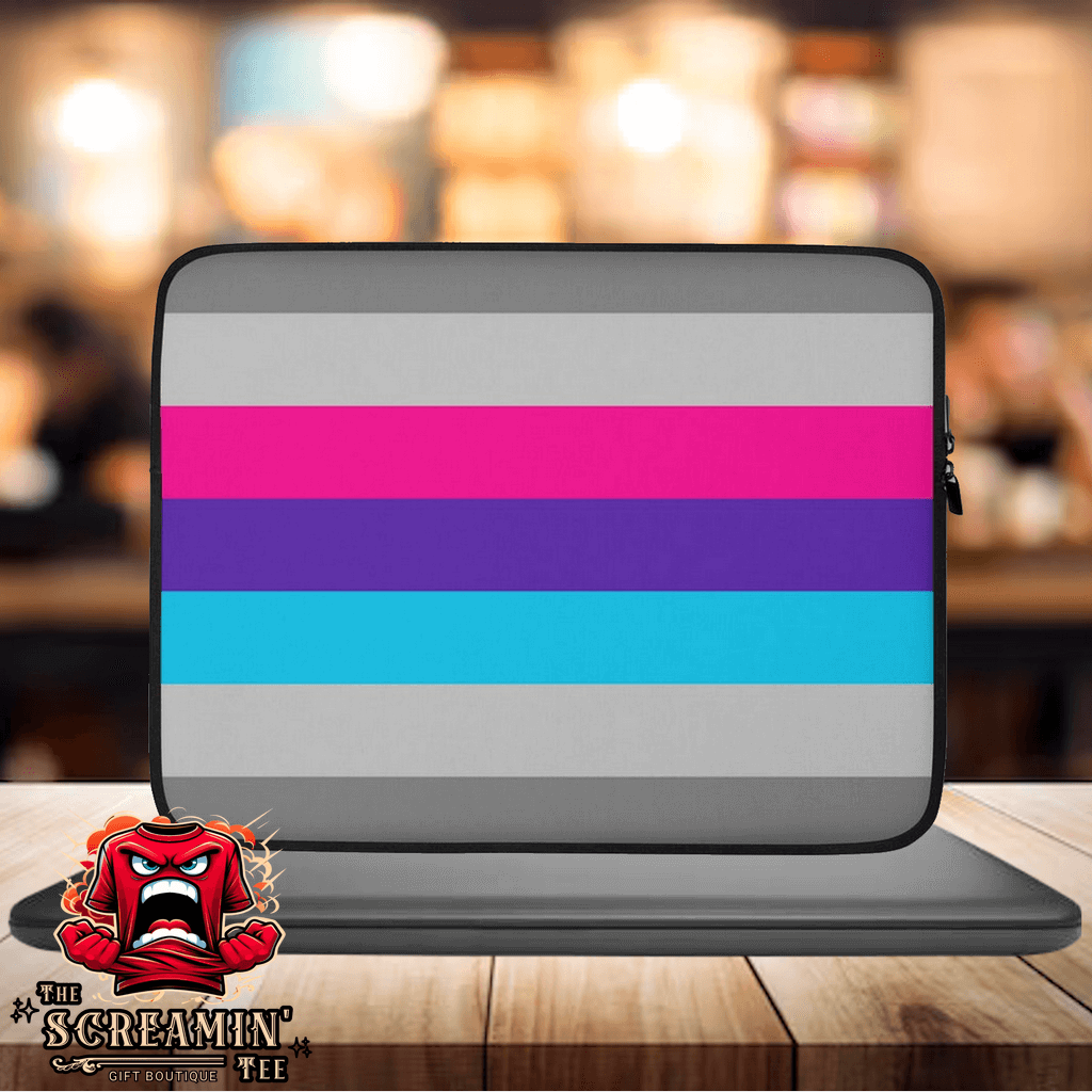 Demiandrogyne Pride Laptop Sleeve with vibrant stripes on a sleek design for stylish laptop protection.