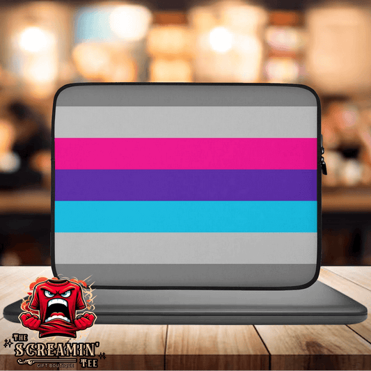 Demiandrogyne Pride Laptop Sleeve with vibrant stripes on a sleek design for stylish laptop protection.