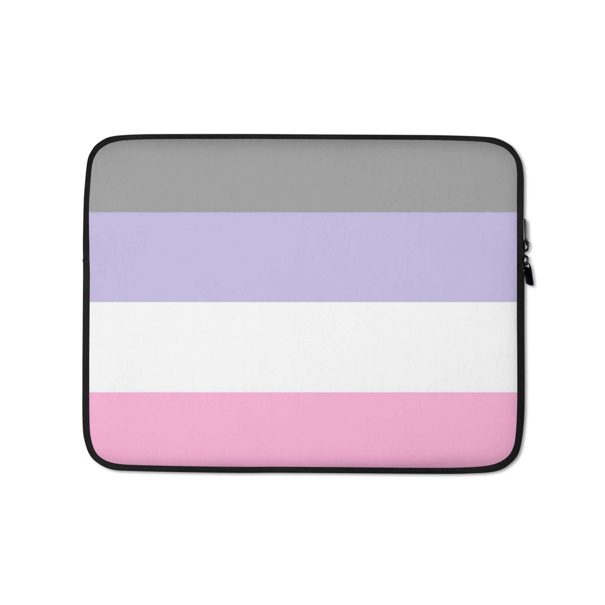 Cupiosexual Pride Laptop Sleeve featuring gray, lavender, white, and pink horizontal stripes for stylish protection.