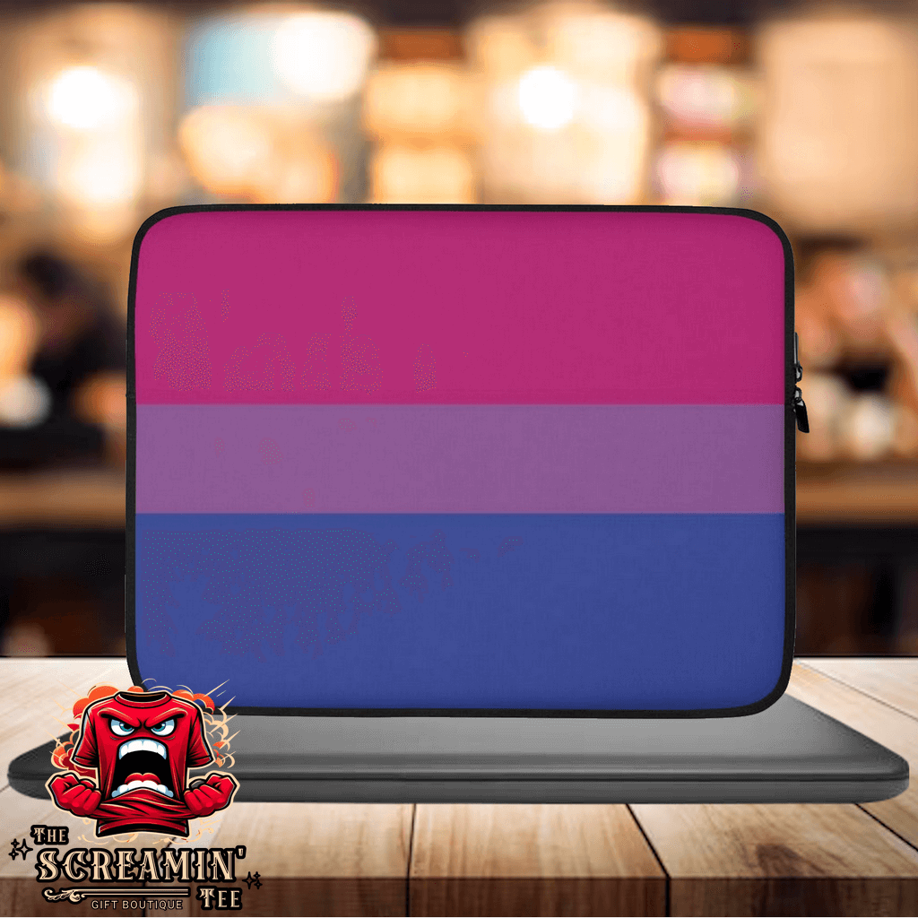Bisexual Pride Laptop Sleeve featuring a vibrant pink and blue design on a cozy laptop sleeve.