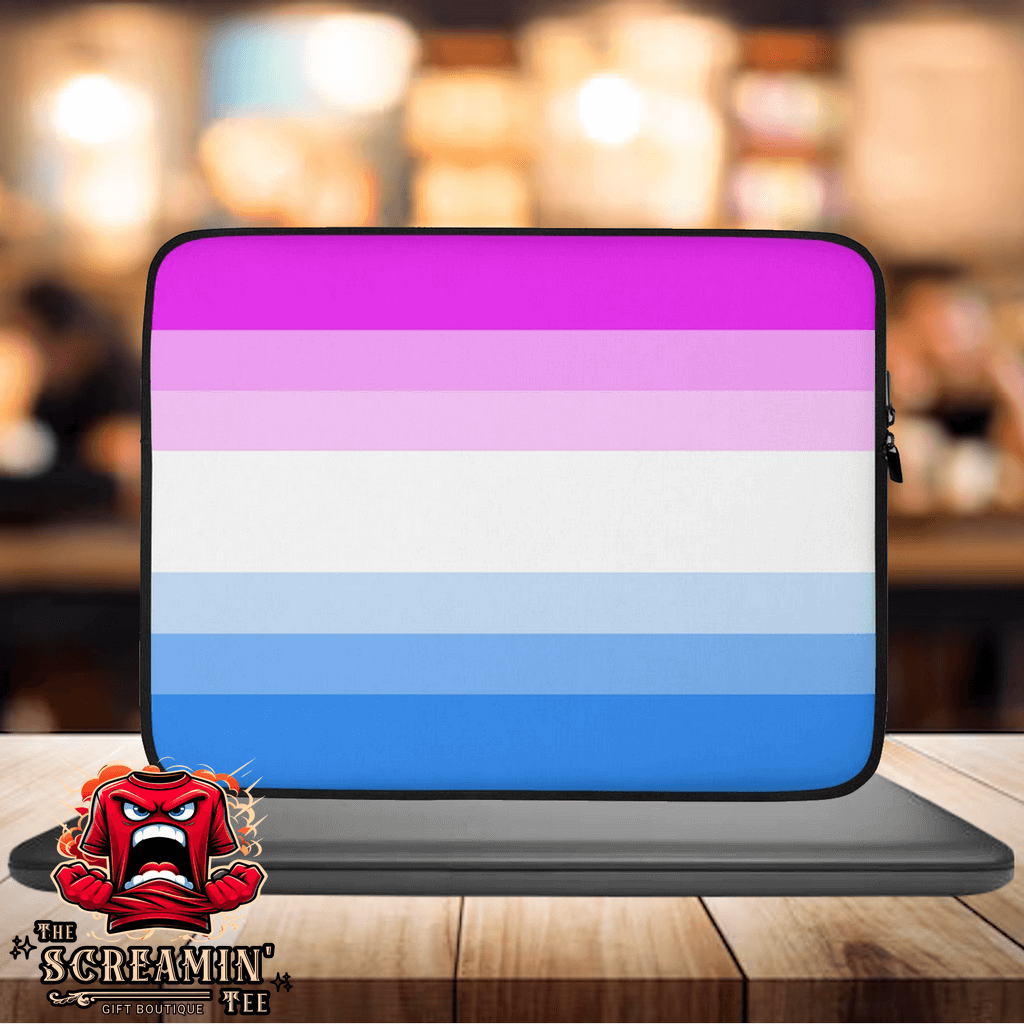 Bi-Curious Pride Laptop Sleeve featuring a gradient design in pink, white, and blue on a stylish laptop sleeve.