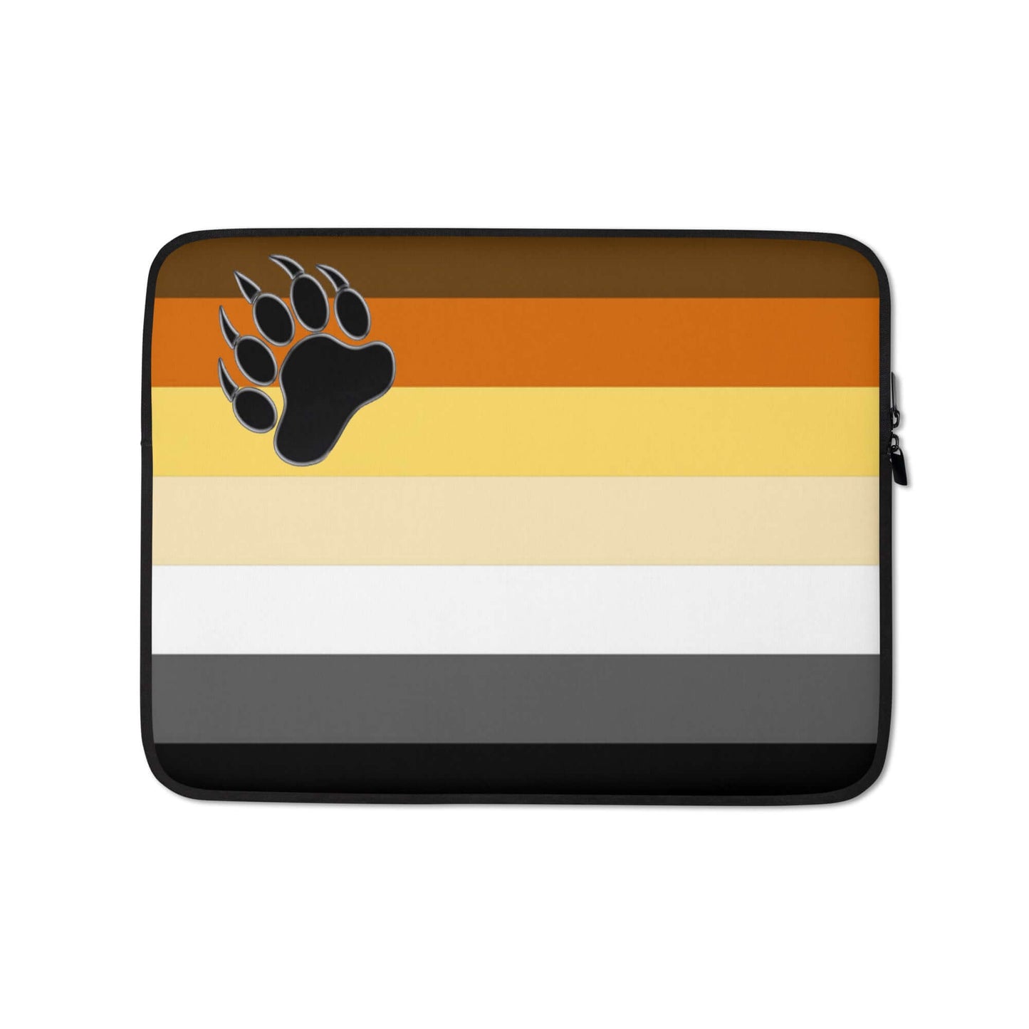 Bear Brotherhood Pride Laptop Sleeve with bear paw design and colored stripe pattern.