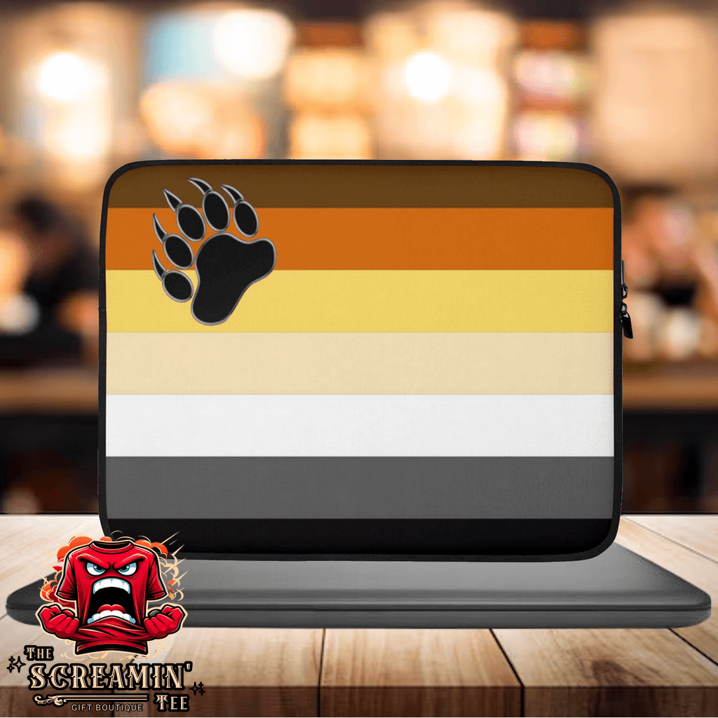 Bear Brotherhood Pride Laptop Sleeve featuring bear paw design and vibrant striped colors for stylish laptop protection.