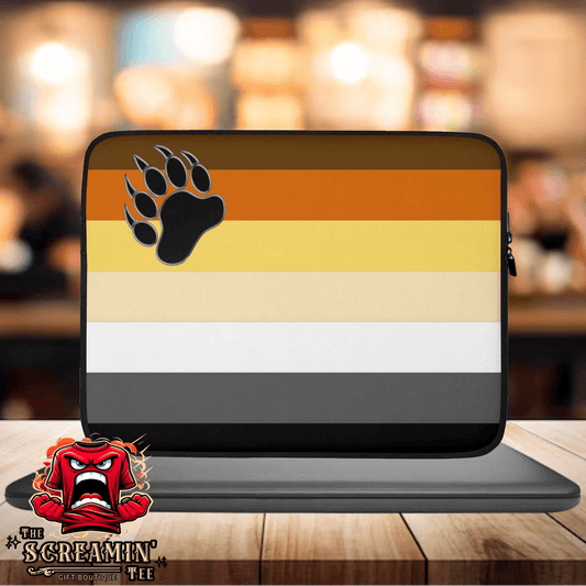 Bear Brotherhood Pride Laptop Sleeve featuring bear paw design and vibrant striped colors for stylish laptop protection.