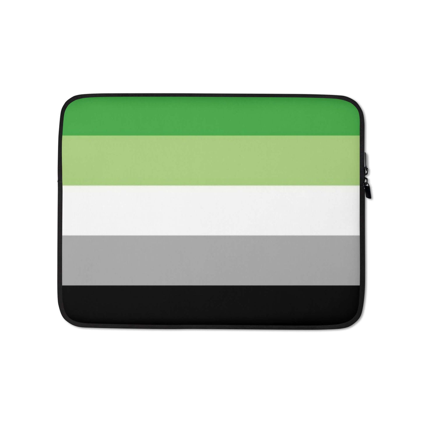 Aromantic Pride Laptop Sleeve featuring green, light green, white, gray, and black stripes.