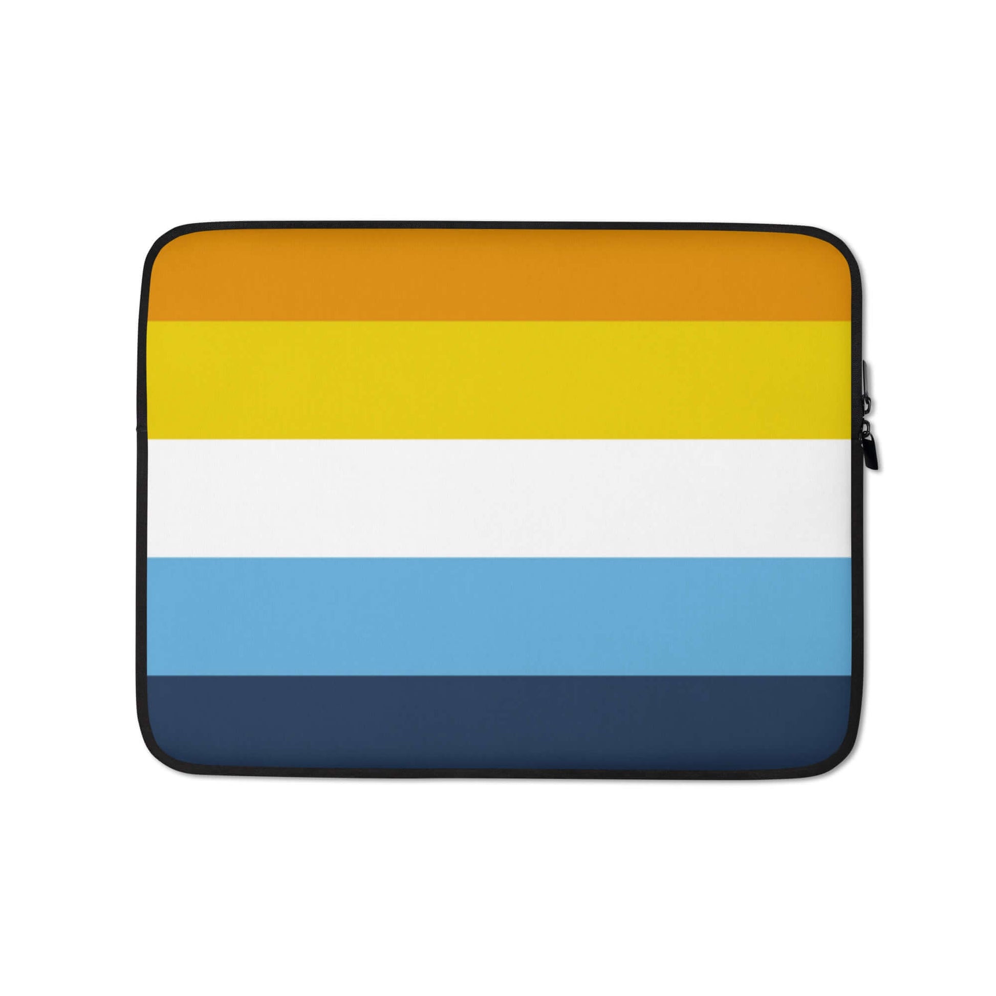 Aroace Pride Laptop Sleeve featuring vibrant stripes in orange, yellow, white, light blue, and navy blue.