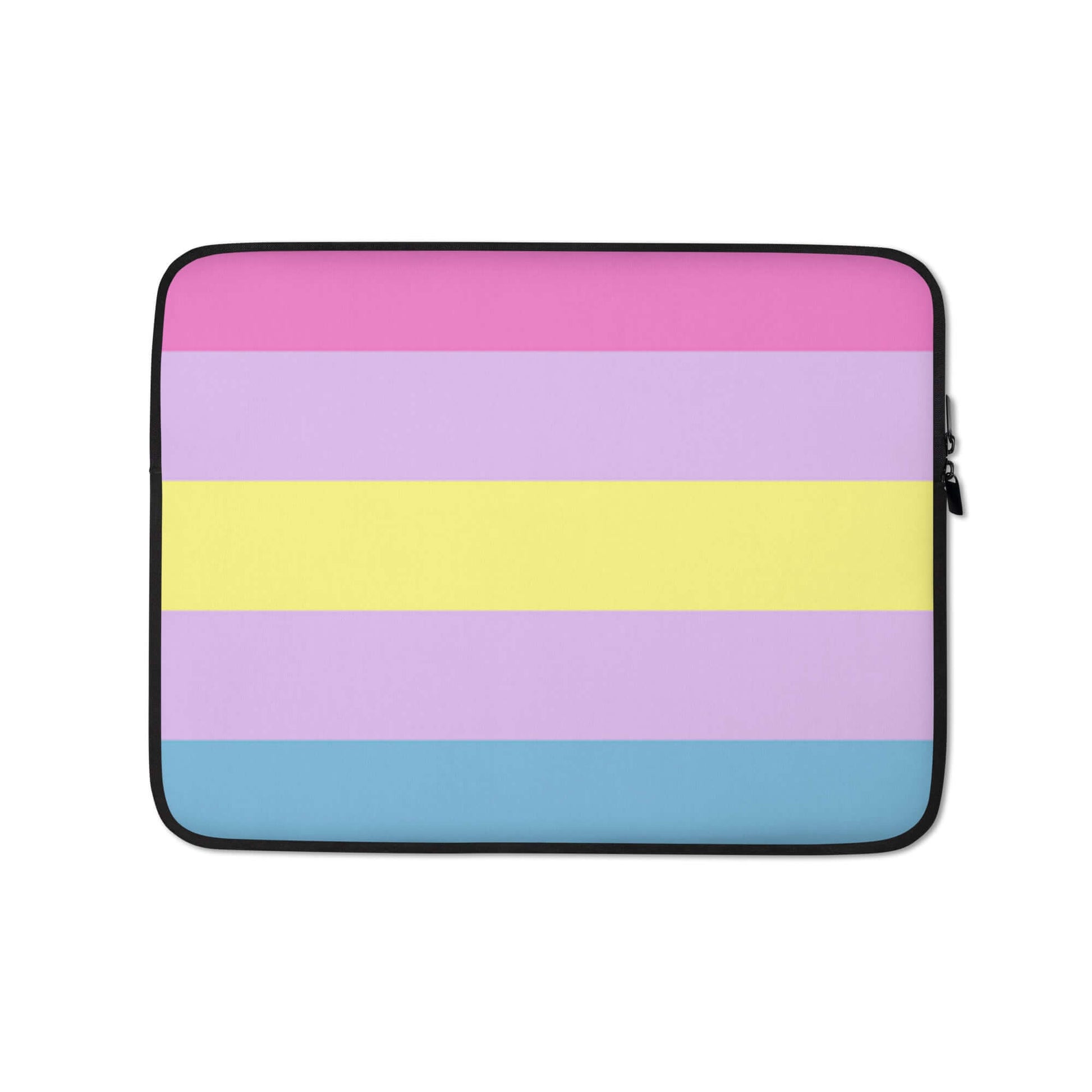 Aporagender Pride Laptop Sleeve featuring pastel stripes in pink, lavender, yellow, and blue for stylish protection.