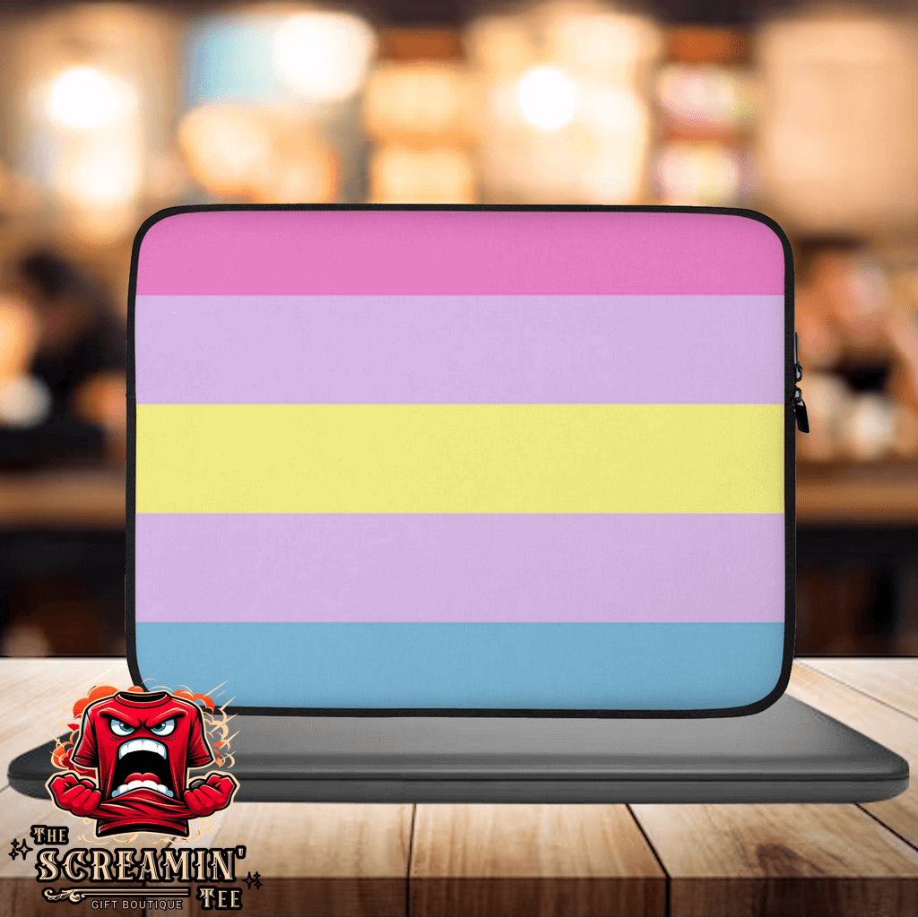 Aporagender Pride Laptop Sleeve with pastel stripes on a sleek design, perfect for protecting your device in style.