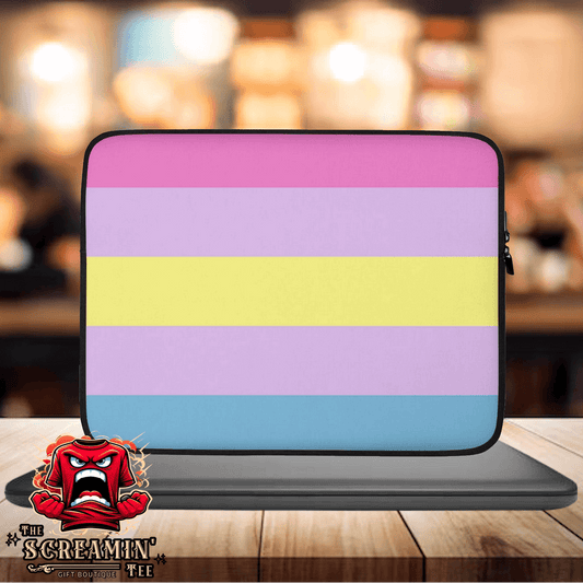 Aporagender Pride Laptop Sleeve with pastel stripes on a sleek design, perfect for protecting your device in style.