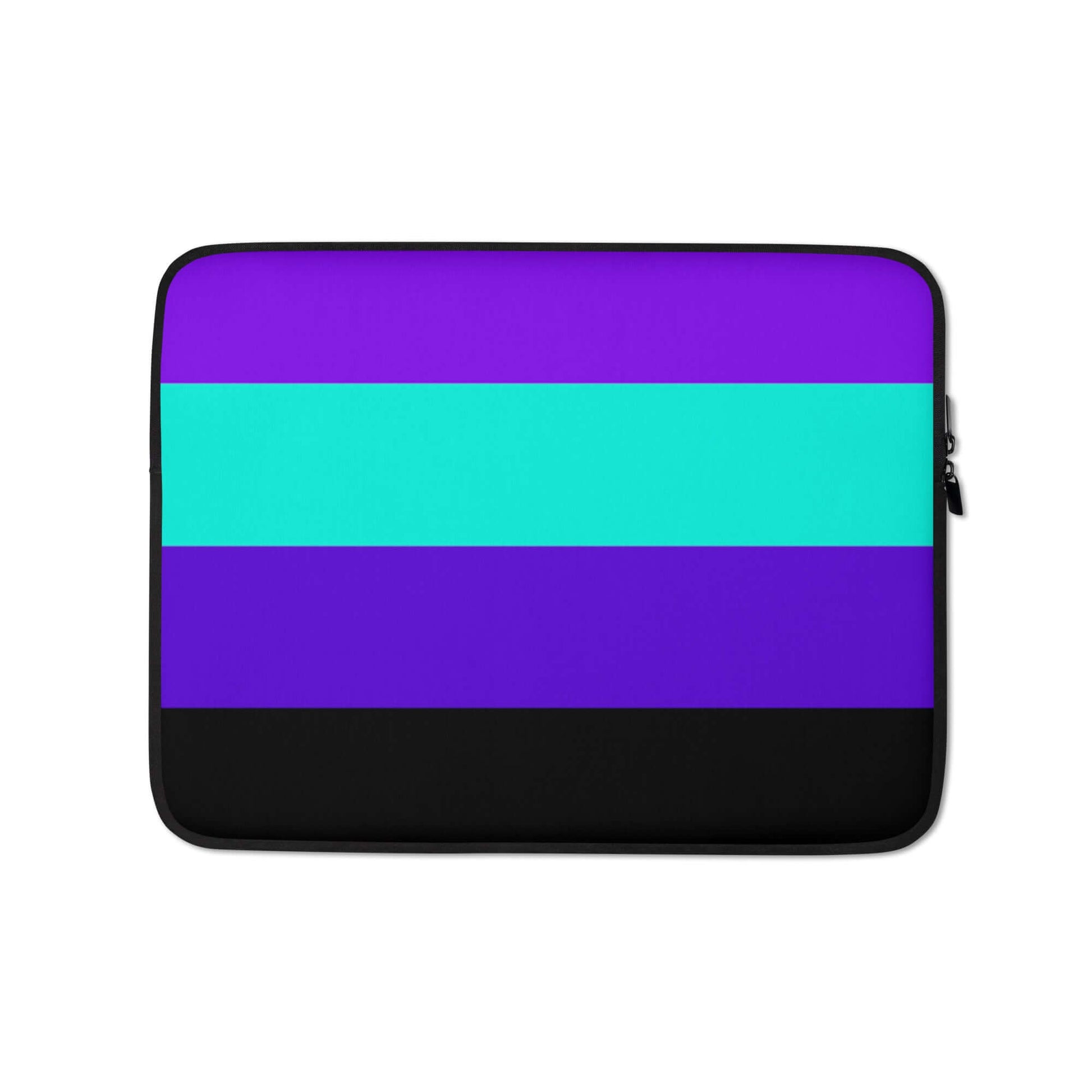 Alexigender Pride Laptop Sleeve in vibrant purple and teal colors with padded zipper for protection.