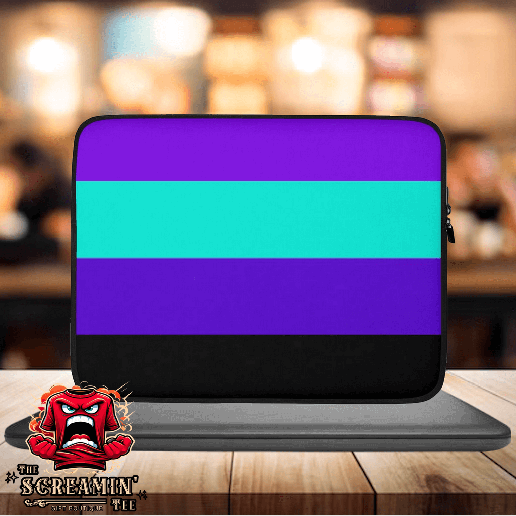 Alexigender Pride Laptop Sleeve featuring bold purple and teal stripes on a sleek design.