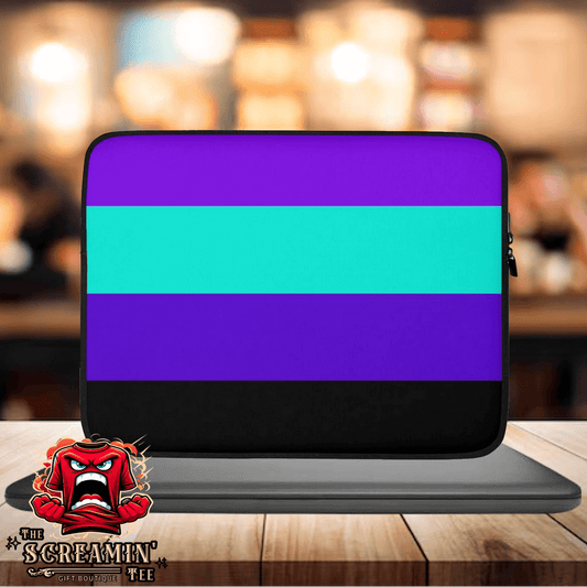 Alexigender Pride Laptop Sleeve featuring bold purple and teal stripes on a sleek design.