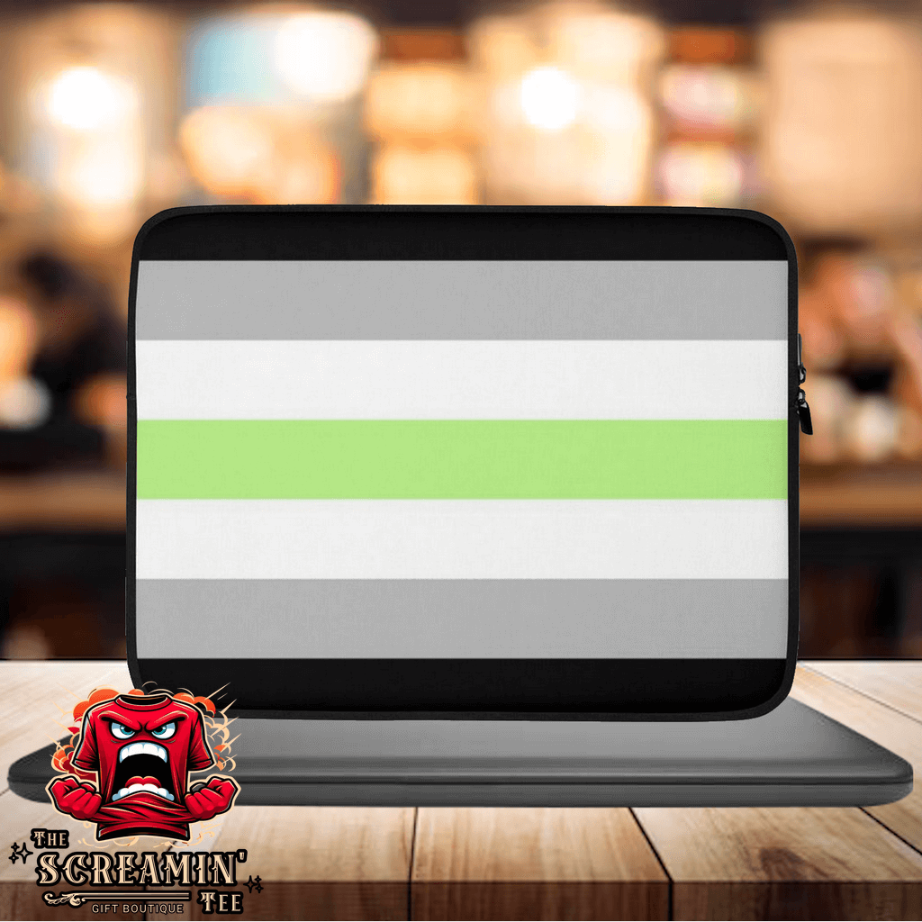 Agender Pride Laptop Sleeve with green and gray stripes on a blurred background.