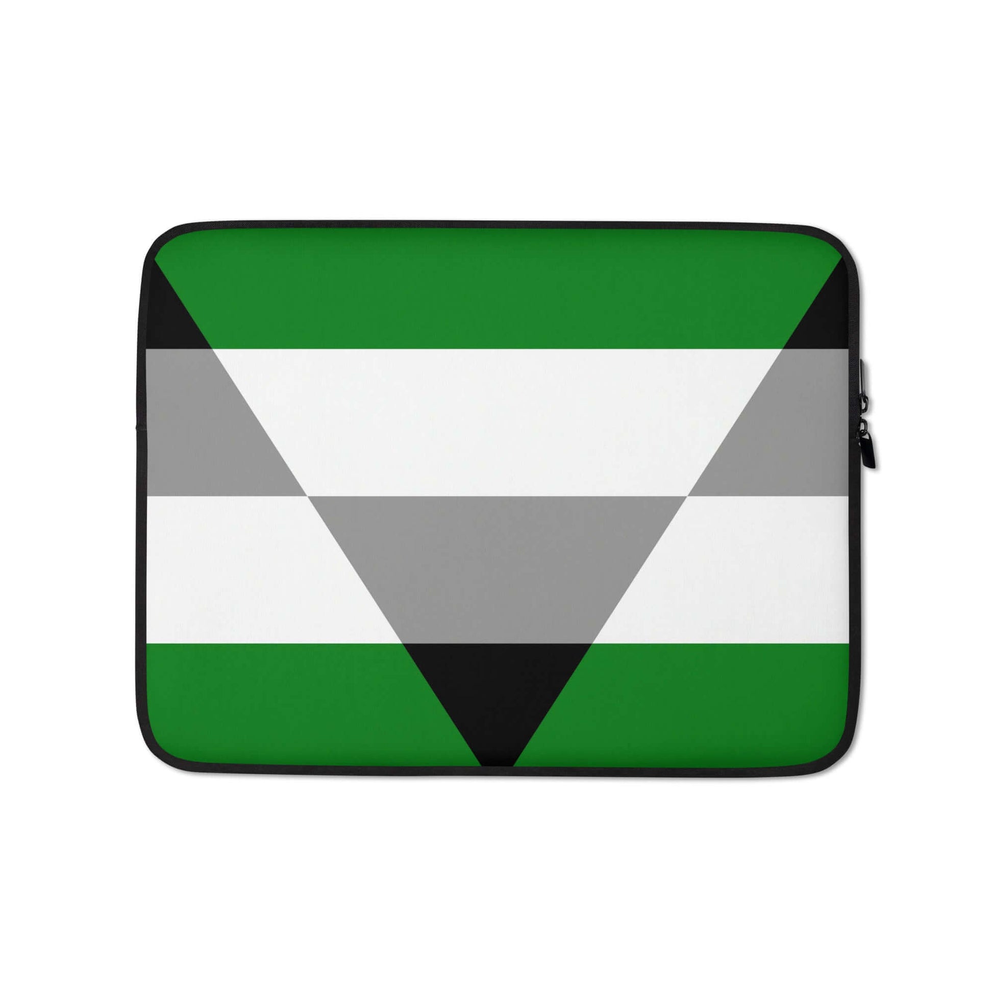 Aegoromantic Pride Laptop Sleeve featuring a vibrant green and gray geometric design.