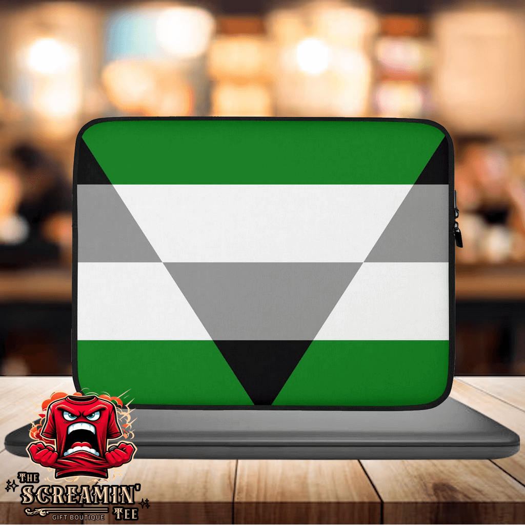 Aegoromantic Pride Laptop Sleeve featuring green, white, and black design for stylish laptop protection.