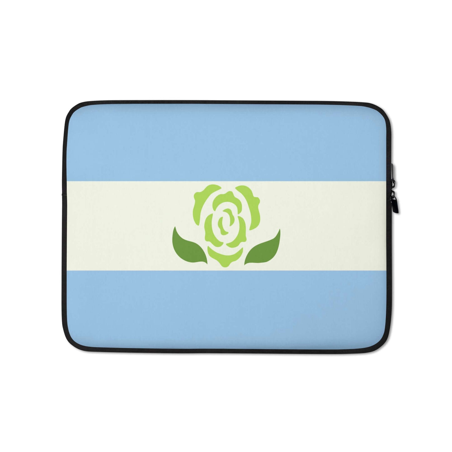 Achillean Pride Laptop Sleeve featuring a blue and white design with a green rose emblem.