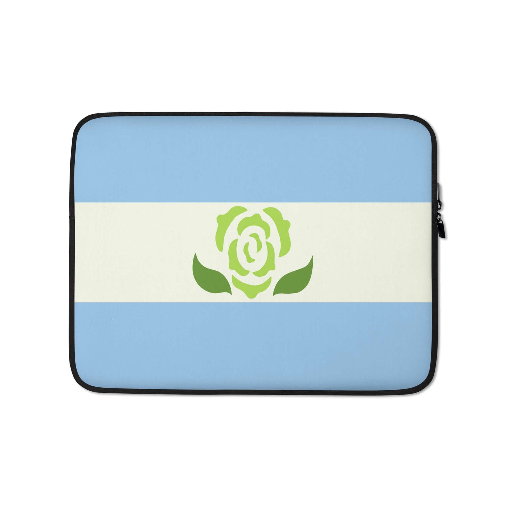 Achillean Pride Laptop Sleeve featuring a blue and white design with a green rose emblem.