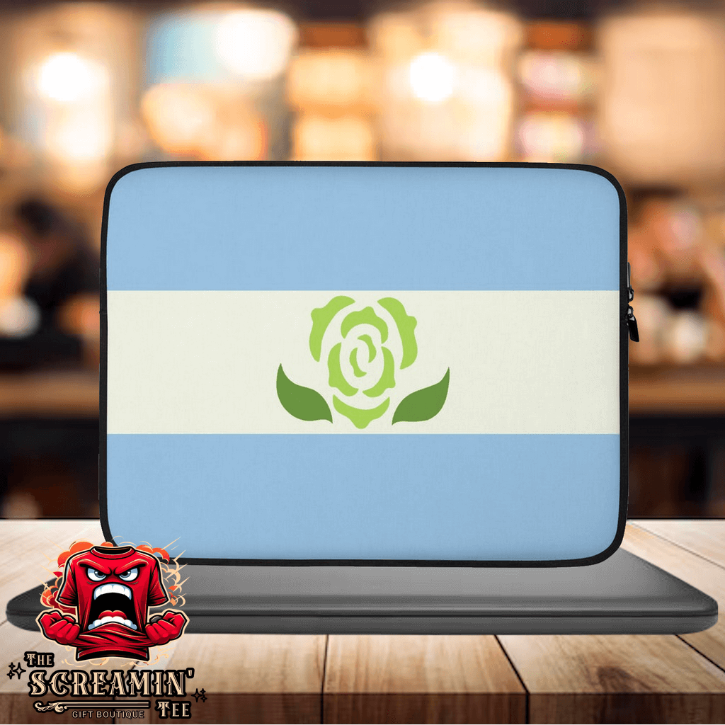 Achillean Pride Laptop Sleeve featuring a blue and white design with a green rose emblem, stylish and protective for your laptop.