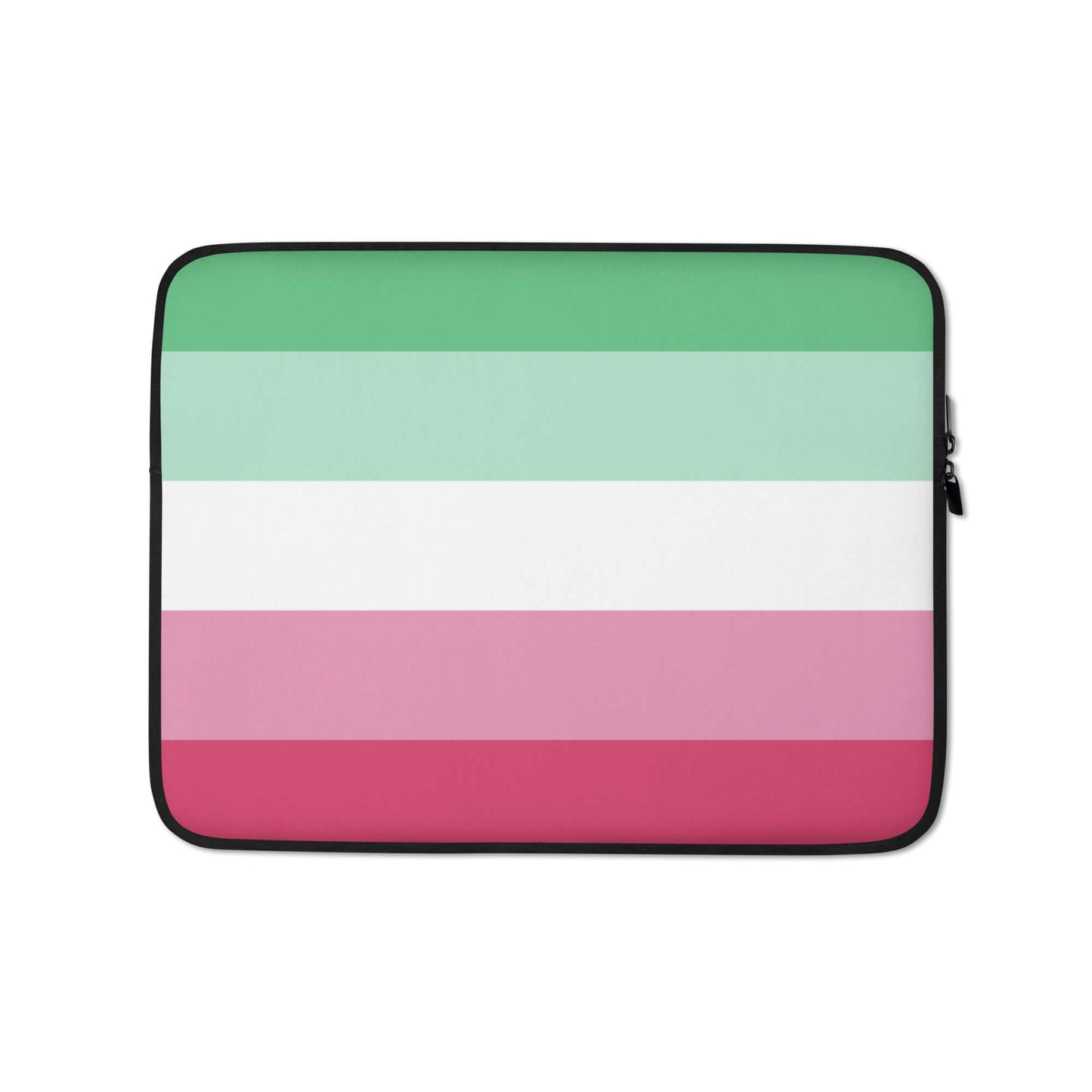 Abrosexual Pride Laptop Sleeve featuring a colorful striped design in green, white, pink, and dark pink.
