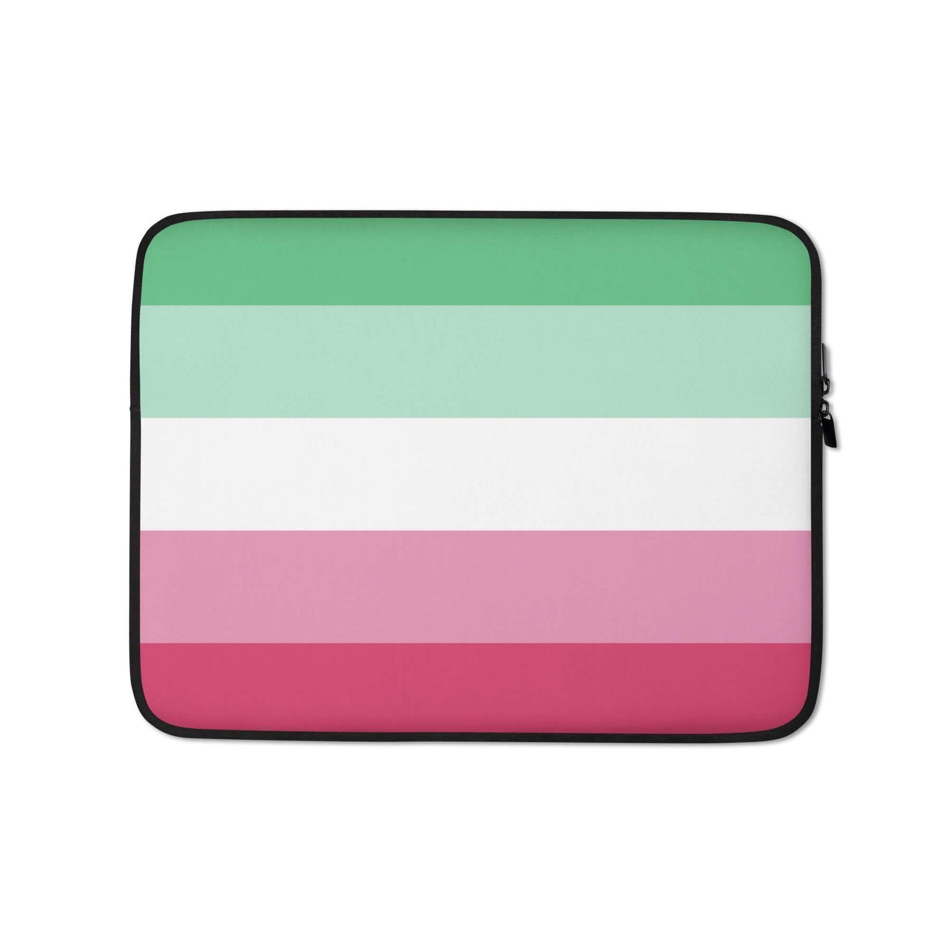 Abrosexual Pride Laptop Sleeve featuring a colorful striped design in green, white, pink, and dark pink.
