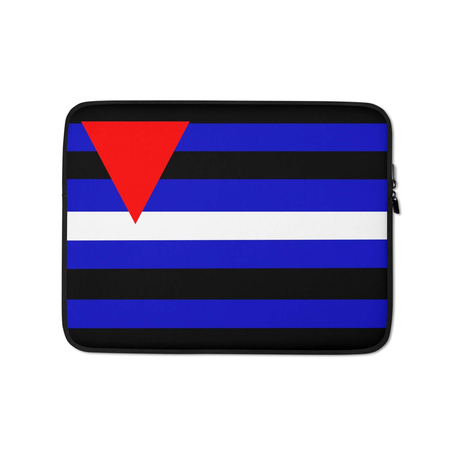 Leather Queer Fetish Laptop Sleeve featuring a bold design with color block stripes and red triangle accent.