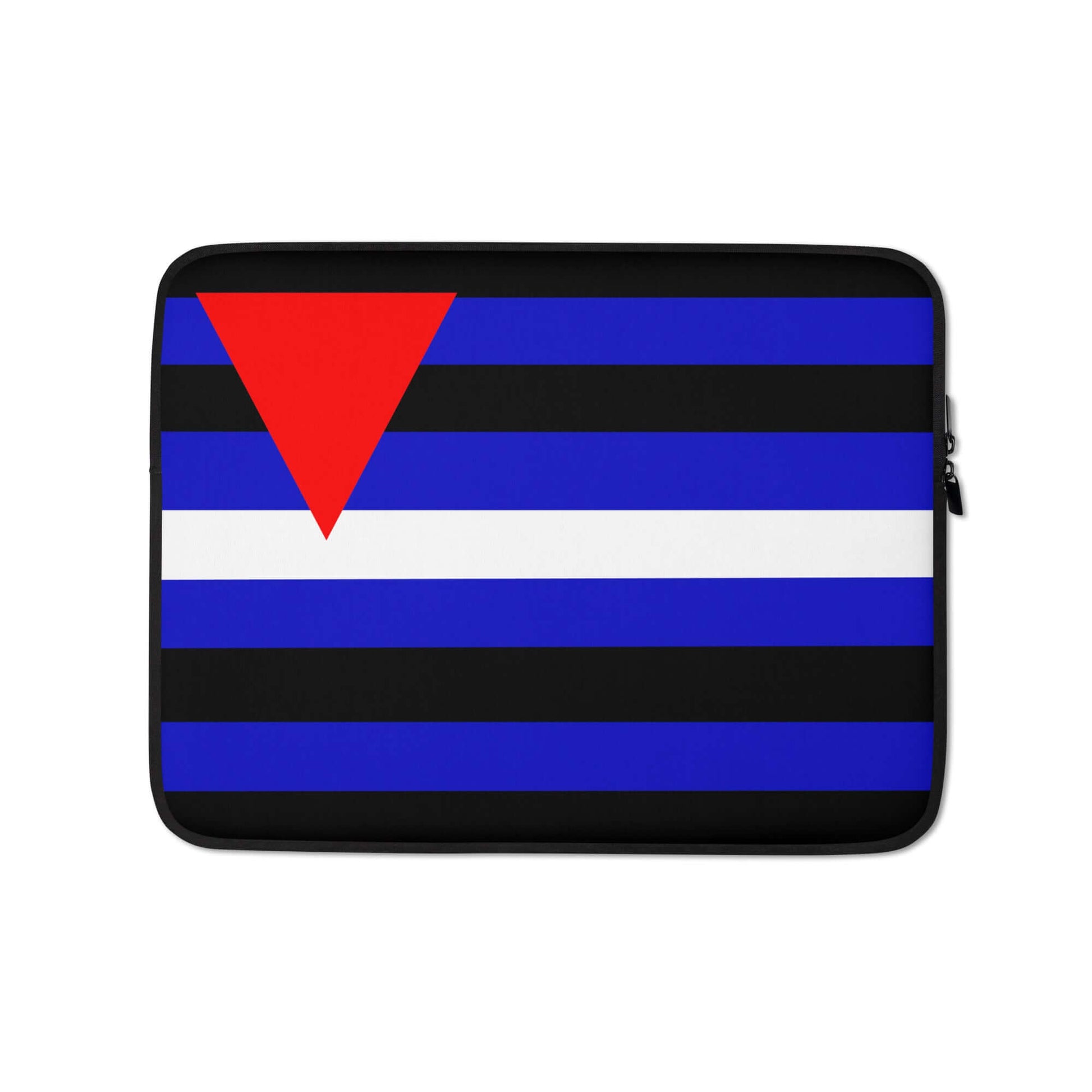 Leather Queer Fetish Laptop Sleeve featuring a bold design with color block stripes and red triangle accent.