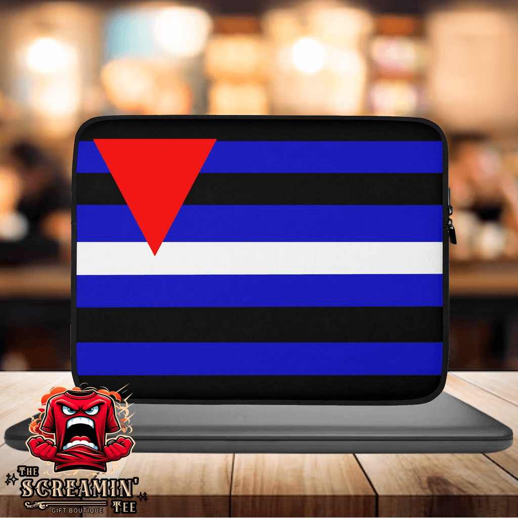 Leather Queer Fetish Laptop Sleeve featuring a striking design with a red triangle on black and blue stripes.