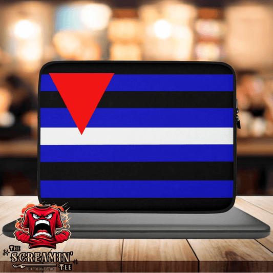 Leather Queer Fetish Laptop Sleeve featuring a striking design with a red triangle on black and blue stripes.