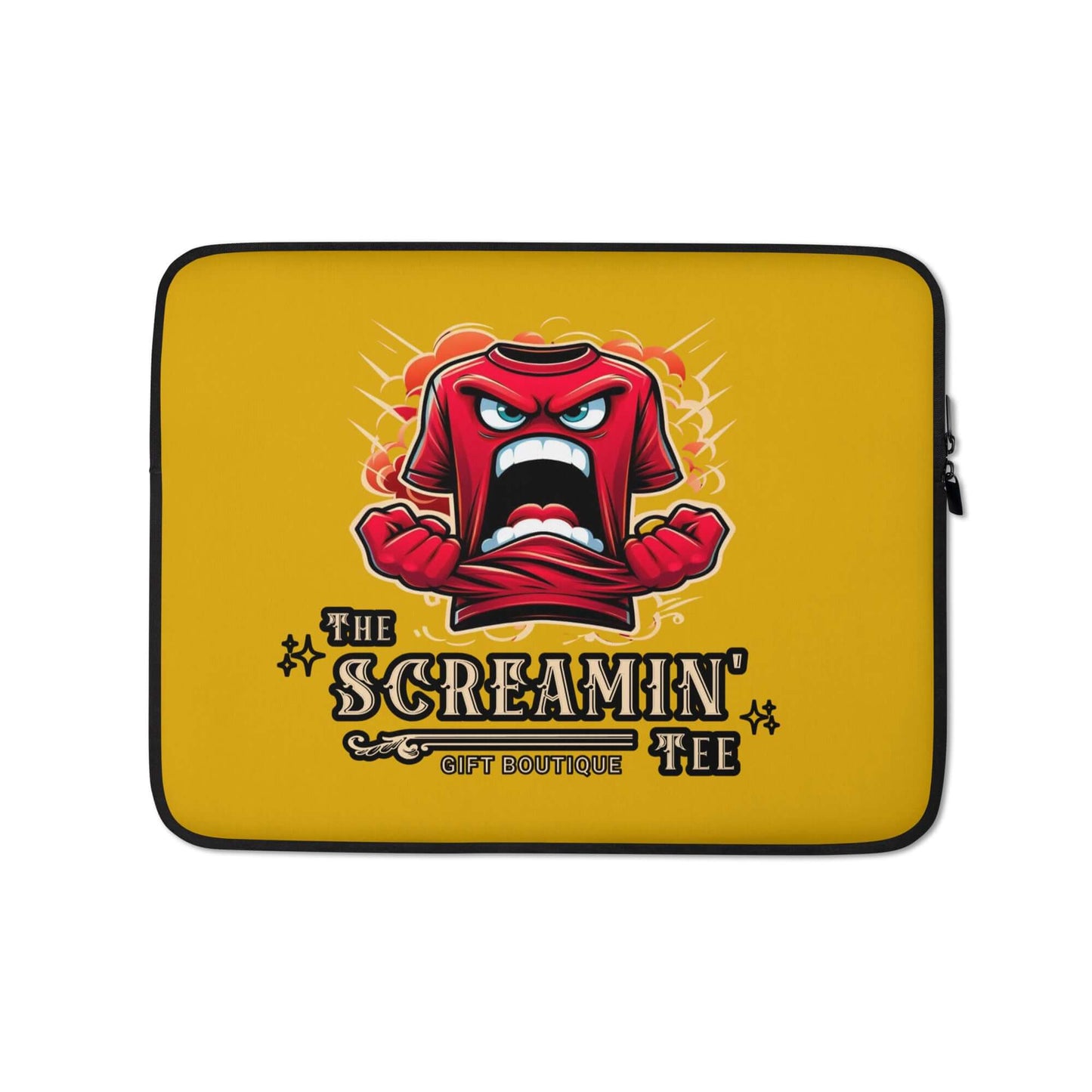 The Logo Laptop Sleeve | Topaz featuring a vibrant design of a red tee shouting in front of a yellow background.